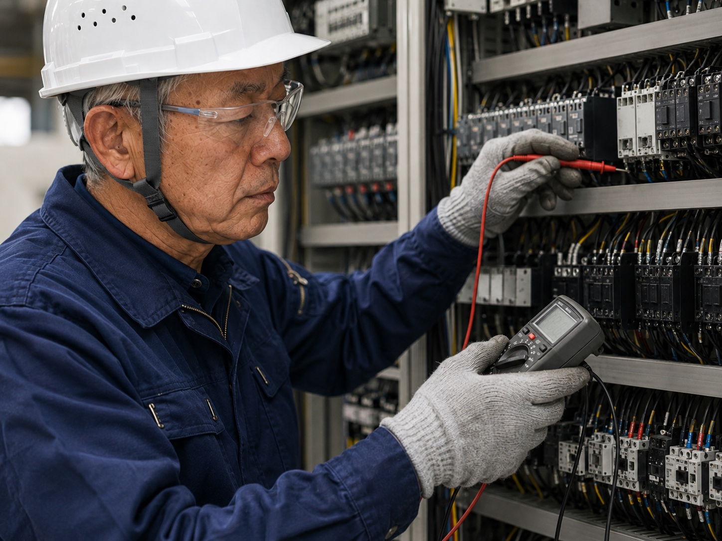 測定器を使って電気設備の端子を確認する熟練電気工事士のイメージ