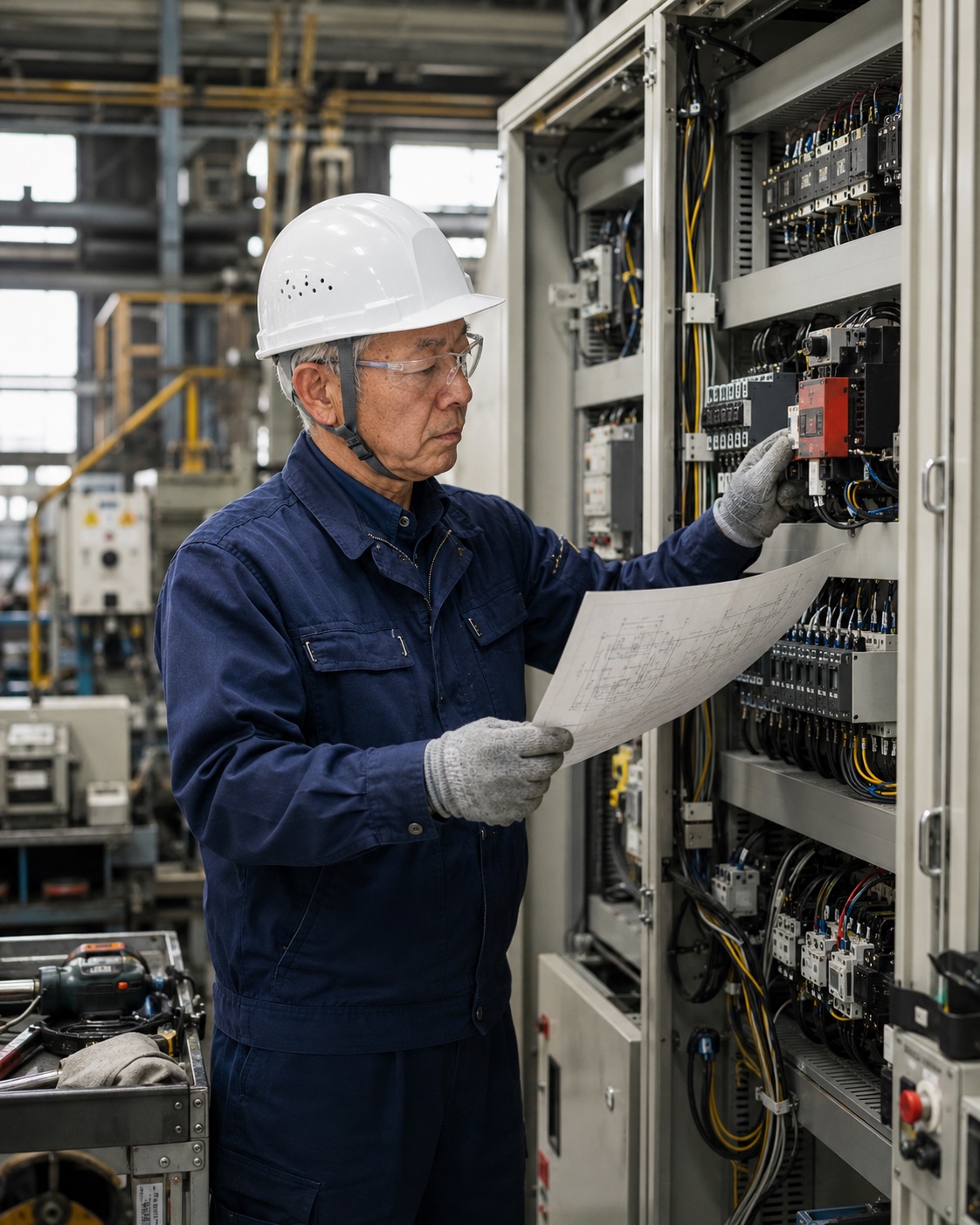 図面と工場の電気盤を見比べながら確認する熟練電気工事士のイメージ