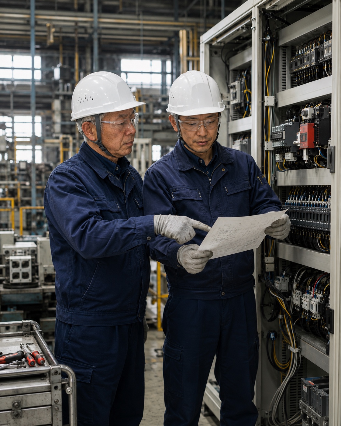 工場の電気設備を二人で確認する電気工事士のイメージ