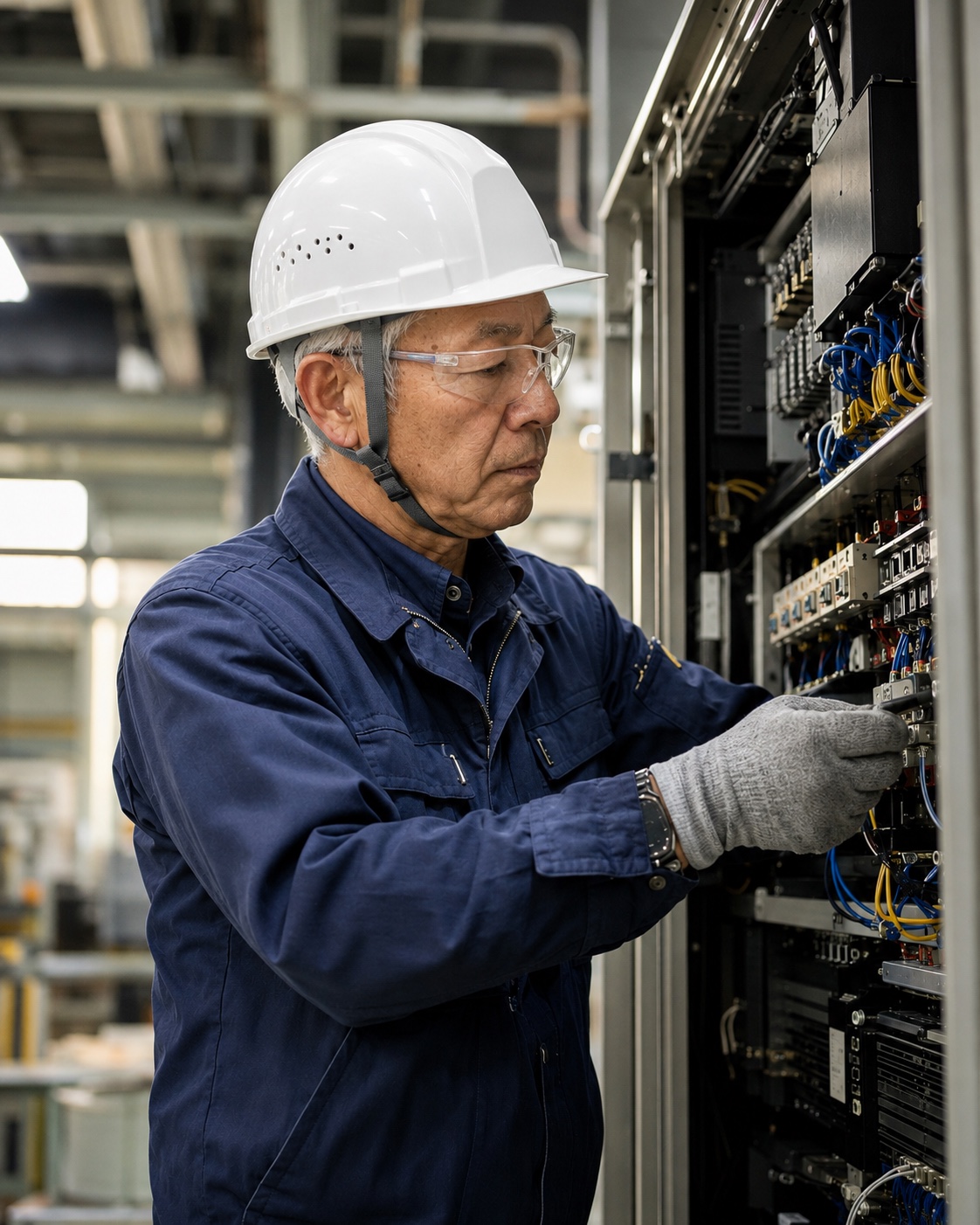工場の配電盤を慎重に確認するベテラン電気職人