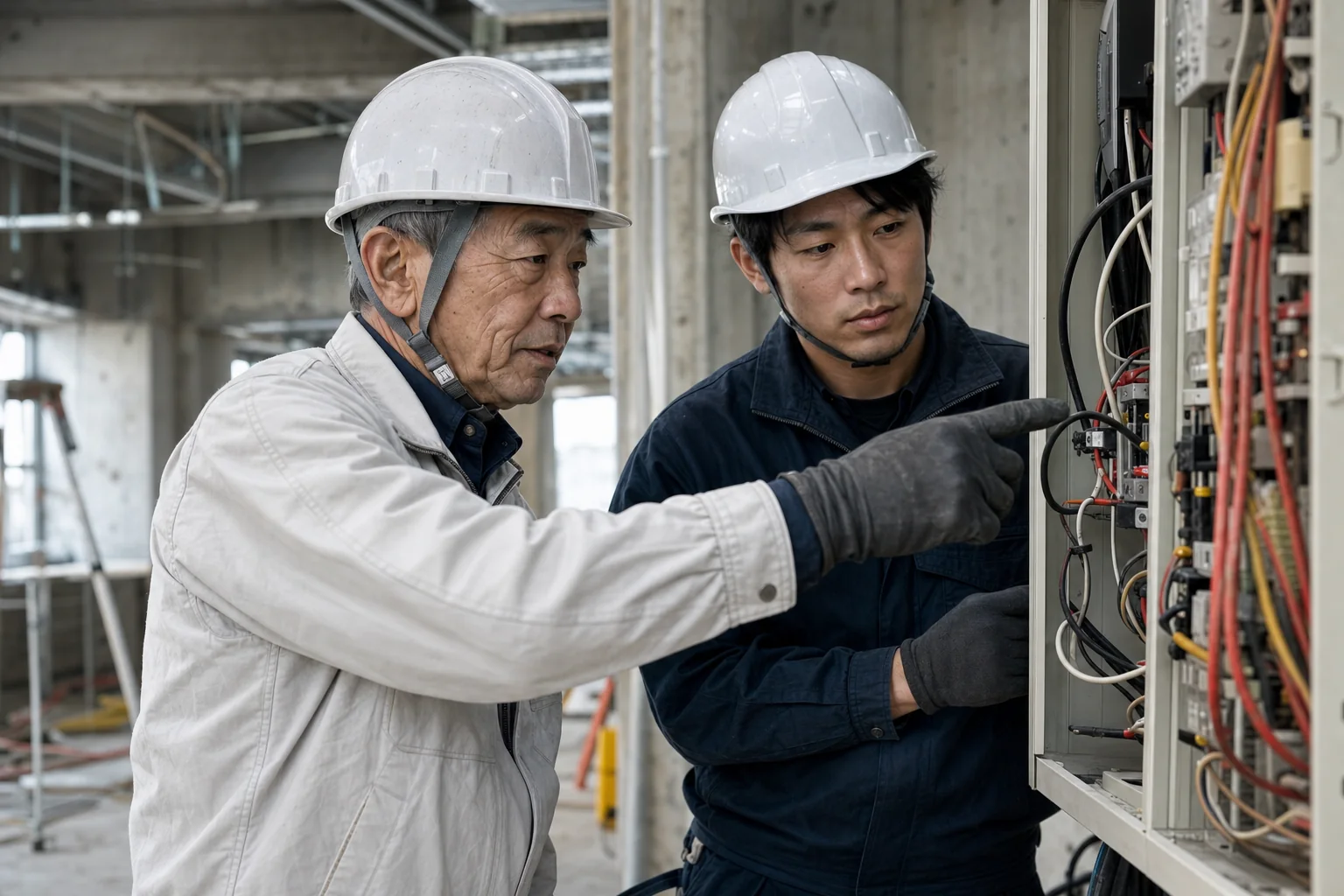 配電盤の前で、ベテラン職人が若手へ確認点を伝える様子