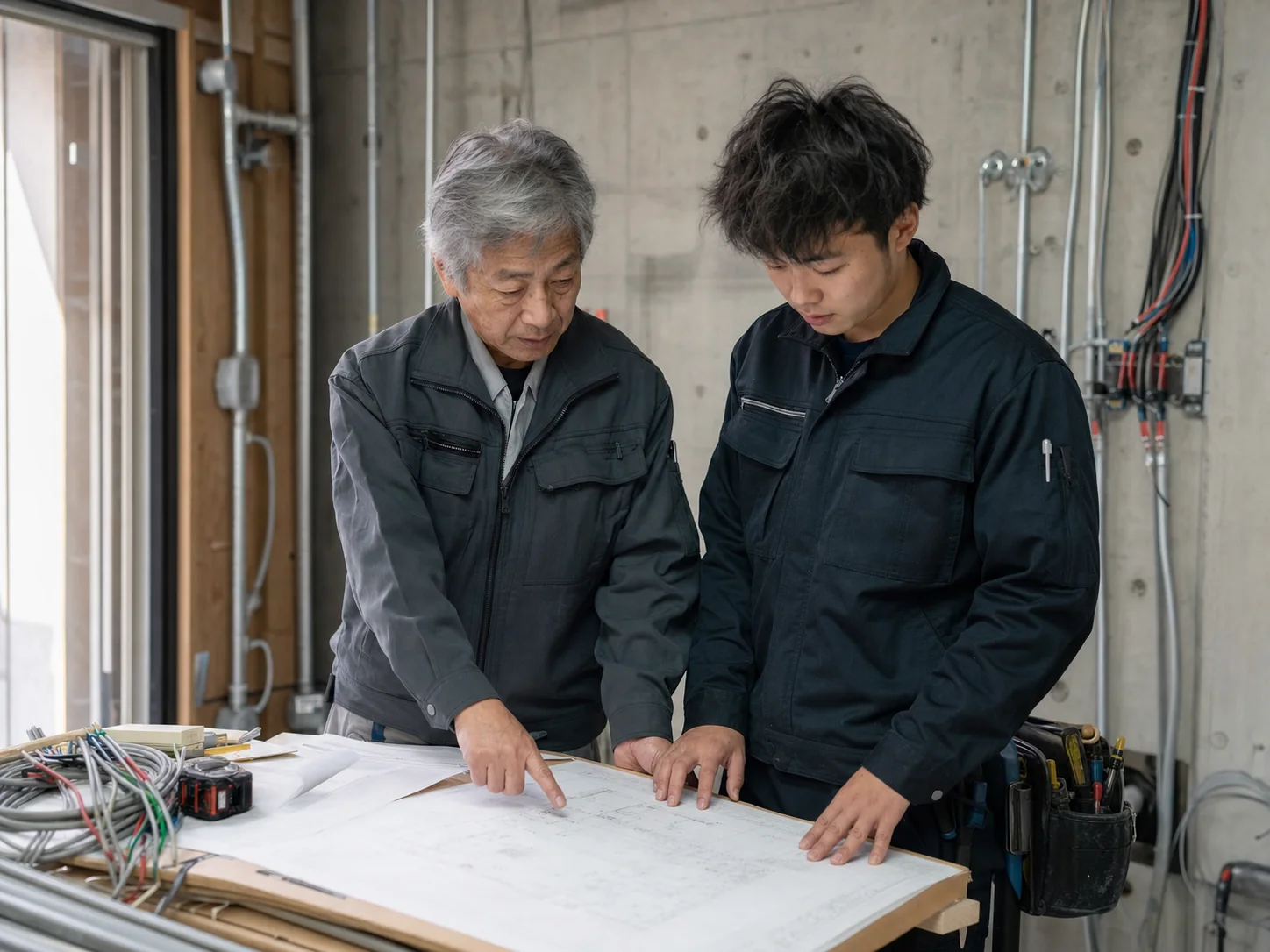 図面を囲み、若手に判断の背景を伝える熟練電気工事士